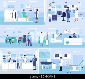 Healthcare medicine service, hospital office departments interior vector illustration set. Cartoon doctors meeting with patient characters,working in medical laboratory, making mri scan background Stock Vector