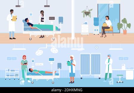Hospital modern medical ward with patients vector illustration set. Cartoon man woman character lying with dropper intensive therapy, doctor nurse visiting patients for medicine treatment background Stock Vector