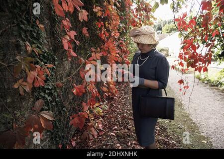 Female standing in the garden of the Greenway House in Devon, Holiday home of Agatha Christie Stock Photo