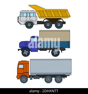 Set of colored trucks side view. Cartoon style. Stock Vector