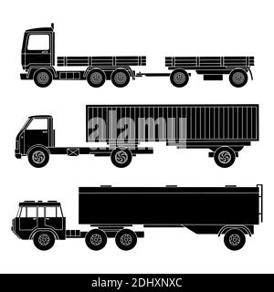 Trucks with trailers, black detailed silhouettes on a white background. Stock Vector