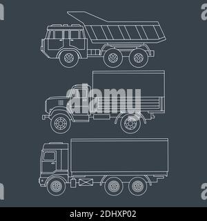 Set of drawn trucks side view. Linear drawing with detailed details. Stock Vector