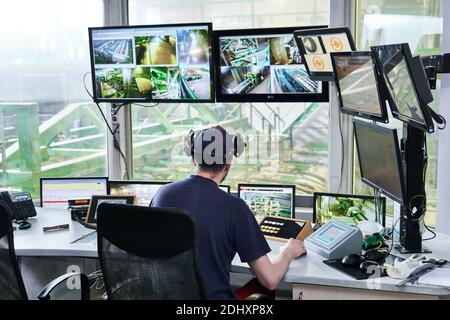 Perm, Russia - August 12, 2020: central point of remote control of a modern automated sawmill Stock Photo