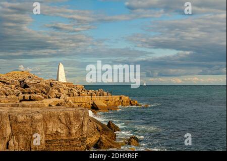 The Trinity House Obelisk at Portland Bill, on the Isle of Portland, Dorset, UK. Built in 1844 as a day-mark to warn ships off the coastal cliffs. Stock Photo