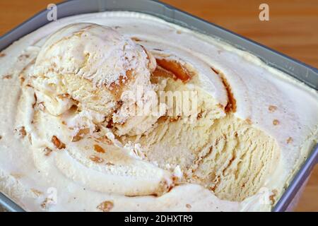 Closeup Mouthwatering Texture of Salted Caramel Macadamia Nut Ice Cream Stock Photo