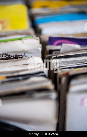 Collection of seven inch vinyl records Stock Photo