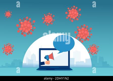 Vector of a businessman with megaphone making an announcement using social media platform during coronavirus pandemic Stock Vector