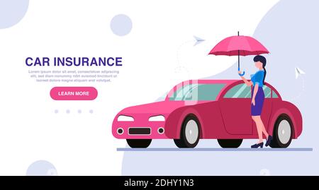 Vector of a driver woman with an umbrella standing near her car. Stock Vector
