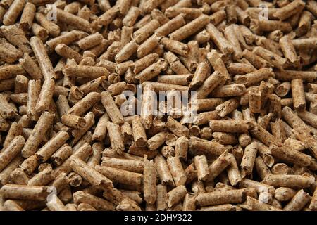 Wood pellets texture. Pellets made from compressed wood and used as natural cat litter. Eco-friendly and biodegradable material. Stock Photo