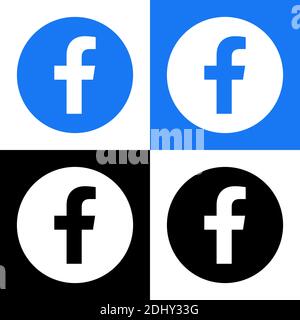 Facebook Logo - Vector Set Collection - Black Silhouette Shape - Original Latest Blue Color - Isolated. F Icon for Web Page, Mobile App or Print. Stock Vector
