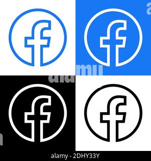 Facebook Logo - Vector Set Collection - Black Silhouette Shape - Original Latest Blue Color - Isolated. F Icon for Web Page, Mobile App or Print. Stock Vector