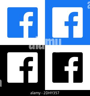 Facebook Logo - Vector Set Collection - Black Silhouette Shape - Original Latest Blue Color - Isolated. F Icon for Web Page, Mobile App or Print. Stock Vector