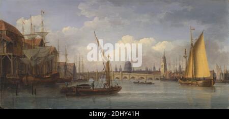 London Bridge, with St. Paul's Cathedral in the distance, William Anderson, 1757–1837, British, 1815, Oil on panel, Support (PTG): 6 3/8 x 12 3/4 inches (16.2 x 32.4 cm), barges (flat-bottomed watercraft), boats, bridge (built work), brigs, buildings, cathedral, church, cityscape, dock, Dutch, men, monument, river, rowboats, sailboats, ships, sloops (sailing vessels), England, Europe, Greater London, London Bridge, Southwark, St. Paul's Cathedral, Thames, United Kingdom Stock Photo