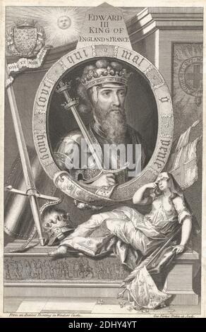 Edward III, King of England and France, George Vertue, 1684–1756, British, after unknown artist, 1732, Engraving on medium, slightly textured, cream, laid paper, mounted on, moderately thick, slightly textured, cream, wove paper, Mount: 23 7/8 × 17 1/16 inches (60.6 × 43.3 cm), Sheet: 11 7/16 × 7 1/16 inches (29.1 × 18 cm), and Image: 11 × 7 1/16 inches (27.9 × 17.9 cm Stock Photo
