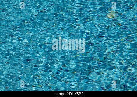 Blue water with highlights and shallow waves on a bright sunny day outside. Texture and background of clear water and ripples on the water. Protection Stock Photo