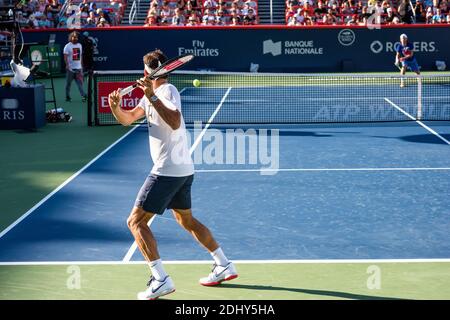 Montreal, Canada - Aujgust 5th, 2017: Roger Federer practicing in the central court during the Rogers Cup. Stock Photo