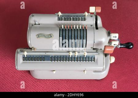 EHRWALD, AUSTRIA - JANUARY 7, 2019: Vintage technical equipment, Walther's mechanical calculating machine. Stock Photo
