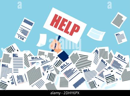 Vector of a businessman under a lot of bills in his office asking for a help. Stock Vector