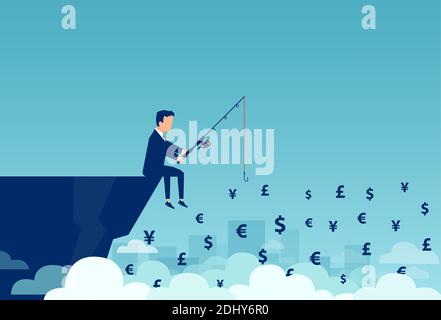 Vector of a businessman sitting on a cliff fishing different currency Stock Vector