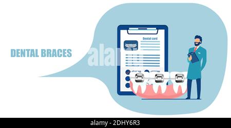 Cosmetic orthodontic procedures concept. Vector of a dentist standing near teeth with dental braces Stock Vector