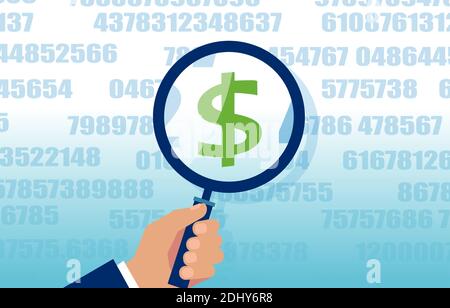 Vector of a businessman looking on dollar symbol through a magnifying glass, reading a financial report Stock Vector
