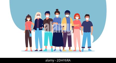 Vector of a group of people men and women in protective medical face masks. Stock Vector