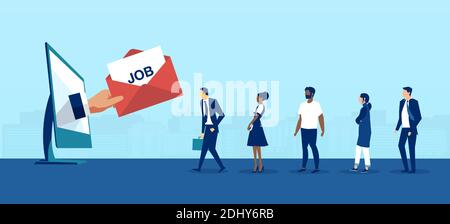 Vector of a business man hand coming out of desktop computer screen with a job offer to a group of people waiting in line Stock Vector