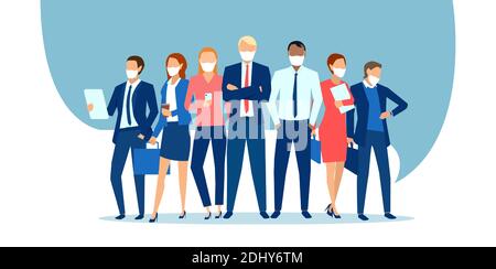 Vector of business people wearing face masks standing together as a team Stock Vector