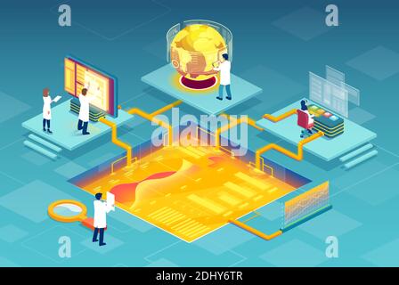 Vector of a group of people interacting, analyzing charts and social media data converting into financial resources Stock Vector
