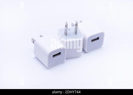 white plug for USB use especially for charge smart phone and tablet. Stock Photo
