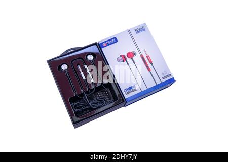 corded headphones, earphones. Realistic black headphones music accessories isolated on white background. Stock Photo