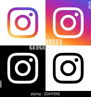 Instagram Logo - Vector - Set Collection - Black Silhouette Shape and Original Gradient - Isolated. Instagram Latest Icon for Web Page, Mobile App Stock Vector