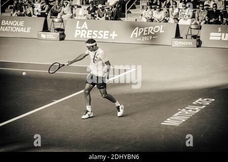 Montreal, Canada - Aujgust 5th, 2017: Roger Federer practicing in the central court during the Rogers Cup. Stock Photo