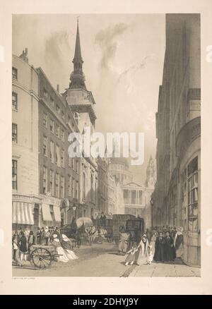 St. Paul's from Ludgate Hill, Print made by Thomas Shotter Boys, 1803–1874, British, after Thomas Shotter Boys, 1803–1874, British, 1842, Lithograph with tint on moderately thick, slightly textured, cream card, Sheet: 21 5/8 x 14 7/8 inches (55 x 37.8 cm) and Image: 17 3/16 x 12 5/16 inches (43.6 x 31.3 cm), architectural subject, architecture, awning windows, buildings, carts, cathedral, children, church, city, cityscape, costume, crowd, dome, dresses, genre subject, hats, horses (animals), labor, lanterns (lighting devices), market (event), men, merchants, mother, purchasing, road, running Stock Photo