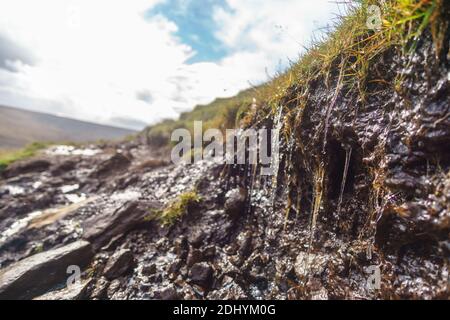 Detail of muddy hiking path with droping water at scottish isle of skye Stock Photo