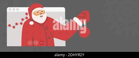 Joyful Santa Claus makes a video call. Christmas and New Year character. Vector illustration for a banner or postcard with a black background and copy Stock Vector