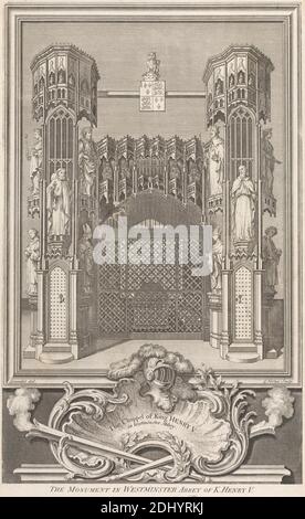 The Monument in Westminster Abbey of King Henry V, George Vertue, 1684–1756, British, after Hubert-François Gravelot, 1699–1773, French, active in Britain (1733–45), between 1699-1756, Engraving on medium smooth laid paper, Sheet: 14 1/2 x 9 inches (36.8 x 22.9 cm) and Image: 14 7/8 x 8 5/8 inches (37.8 x 21.8 cm), architectural subject, chapel, historical subject, monument, sculpture, tomb, tracery, England, Europe, London, United Kingdom, Westminster Abbey Stock Photo