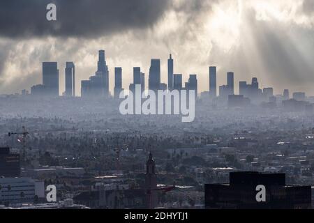 Cloudy morning skyline view of downtown Los Angeles in Southern California. Stock Photo