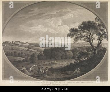 A North View of the Cities of London and Westminster, with part of Highgate taken from Hampstead Heath, near the Spaniards, Daniel Lerpiniere, c.1745–1785, British, after George Robertson, 1749–1788, British, 1780, Engraving, Sheet: 18 1/2 x 23 9/16in. (47 x 59.8cm Stock Photo