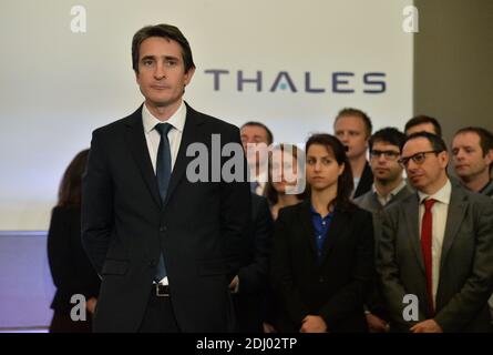 Thales Communications & Security CEO Patrice Caine during French President Francois Hollande's visit to the headquarters of Thales Communications & Security, the European leader in secure information and communication systems on the global markets for defence, security and ground transportation, in Gennevilliers, near Paris, France on April 28, 2016. Photo by Christian Liewig/ABACAPRESS.COM Stock Photo