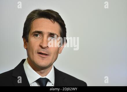 Thales Communications & Security CEO Patrice Caine during French President Francois Hollande's visit to the headquarters of Thales Communications & Security, the European leader in secure information and communication systems on the global markets for defence, security and ground transportation, in Gennevilliers, near Paris, France on April 28, 2016. Photo by Christian Liewig/ABACAPRESS.COM Stock Photo