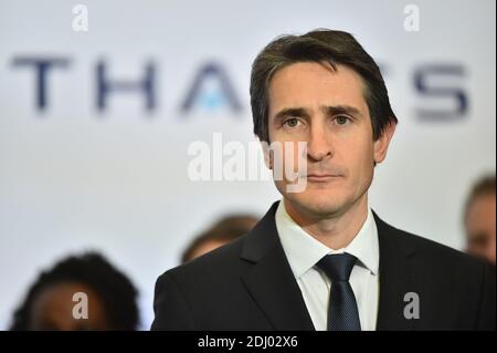 Thales Communications & Security CEO Patrice Caine during French President Francois Hollande's visit to the headquarters of Thales Communications & Security, the European leader in secure information and communication systems on the global markets for defence, security and ground transportation, in Gennevilliers, near Paris, France on April 28, 2016. Photo by Christian Liewig/ABACAPRESS.COM Stock Photo