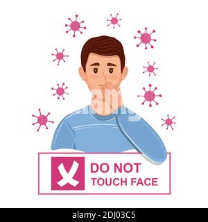 Do not touch your face sign. Avoid touching hand contact with head, mouth, eyes and nose. Skin hygiene. Prevention  corona virus infections. Vector Stock Vector