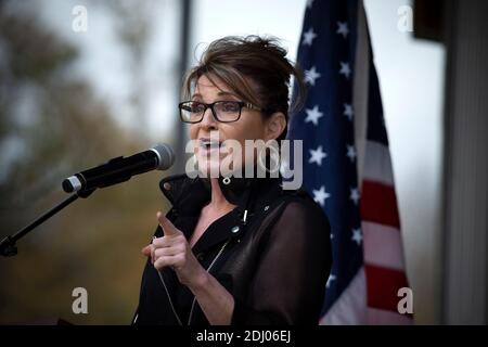 Canton, GA, USA. 12th Dec, 2020. Save America Bus TourÃ stops in mostly conservative Cherokee County, Georgia, north of Atlanta, encouraging crowd to vote in special run-off vote for the stateÃs two senate seats January 5. Pictured: Former Alaska Governor and Republican vice presidential candidate Sarah Palin speaks to crowd. Credit: Robin Rayne/ZUMA Wire/Alamy Live News Stock Photo