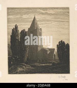 Barnack, Frederick Landseer Maur Griggs, 1876–1938, British, 1914, Etching, arches, architectural subject, broach spire, church, churchyard, clouds, doorway, gable, shadows, tombstones, tower, trees, windows, Barnack, Cambridgeshire, England, St. John the Baptist Church, United Kingdom Stock Photo