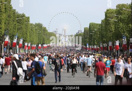 Parisians gather along the Avenue des Champs-Elysees during the Day Without Cars in Paris, France on 8 May 2016. The mayor of Paris Anne Hidalgo launch the first day without cars in the famous avenue Les Champs-Elysees. Photo by Somer/ABACAPRESS.COM Stock Photo