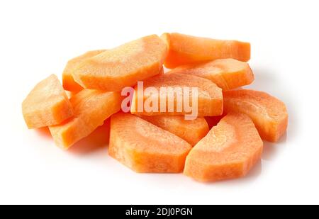 fresh raw peeled carrot slices macro isolated on white background Stock Photo