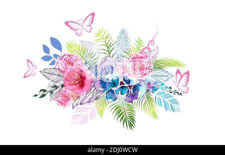 Floral abstraction from watercolor different colors with butterflies. T-shirt print. Vector illustration. Stock Vector