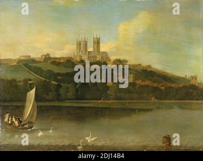 A View of the Cathedral and City of Lincoln from the River, Joseph Baker of Lincoln, active 1742–1770, British, Formerly attributed to Samuel Scott, 1701/2–1772, British, Formerly George Lambert, 1700–1765, British, ca. 1760, Oil on canvas, Support (PTG): 32 9/16 x 43 1/4 inches (82.7 x 109.9 cm), architectural subject, cathedral, church, cityscape, costume, dog (animal), fishing, genre subject, hill, landscape, men, people, river, sailboat, swans, town, wall, women, England, Lincoln, Lincolnshire, United Kingdom, Witham Stock Photo