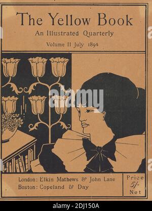 Cover of 'The Yellow Book: an Illustrated Quarterly', Volume II, July 1894, Print made by Aubrey Vincent Beardsley, 1872–1898, British, 1894, Photomechanical reproduction on thin, slightly textured, orange wove paper, laid on contemporary mount made of moderately thick, slightly textured, cream laid paper, Mount: 11 x 8 9/16 inches (27.9 x 21.8 cm), Sheet: 8 3/8 x 6 7/16 inches (21.3 x 16.4 cm), and Image: 4 15/16 x 5 15/16 inches (12.6 x 15.1 cm), bookshelves, bow (costume accessory), cover (gathered matter component), flowers (plants), girl, historical subject, illustration, journal Stock Photo